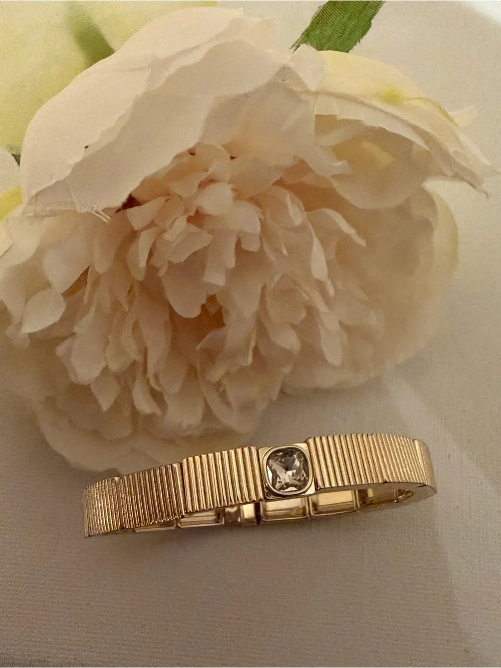 Roxanne Assoulin Gold Ribbed Cuff Bracelet with Crystal Stone NEW AUTHENTIC